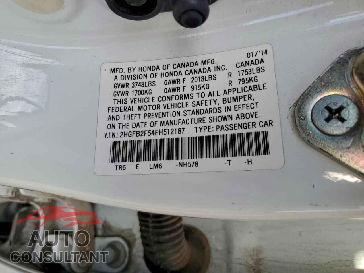 HONDA CIVIC 2014 - 2HGFB2F54EH512187