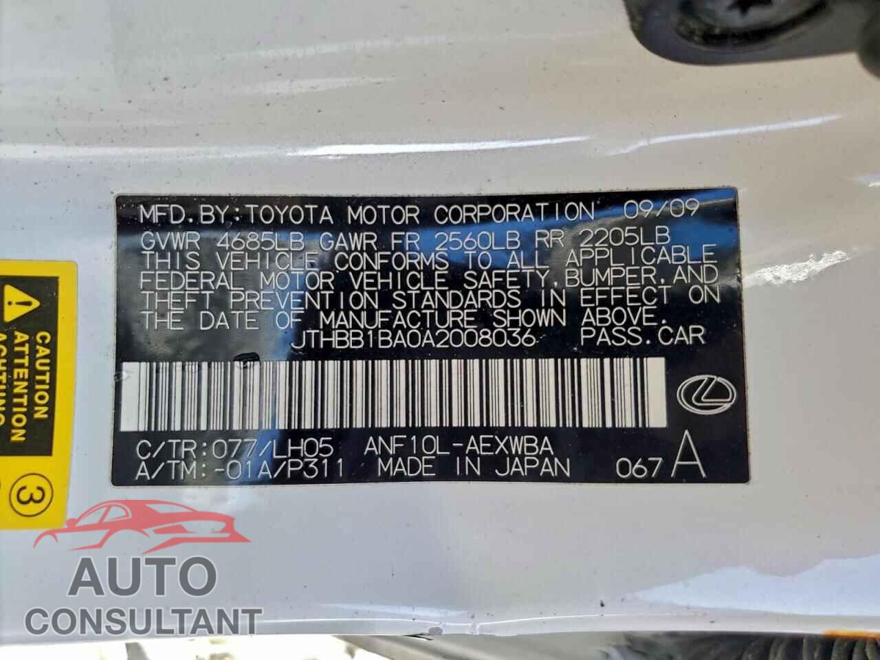 LEXUS HS 2010 - JTHBB1BA0A2008036
