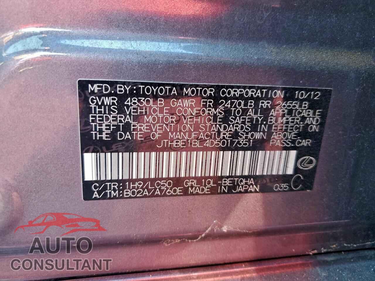 LEXUS GS350 2013 - JTHBE1BL4D5017351