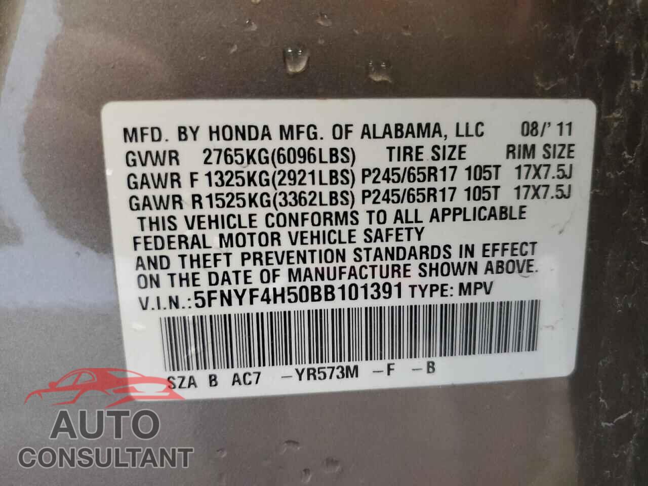 HONDA PILOT 2011 - 5FNYF4H50BB101391