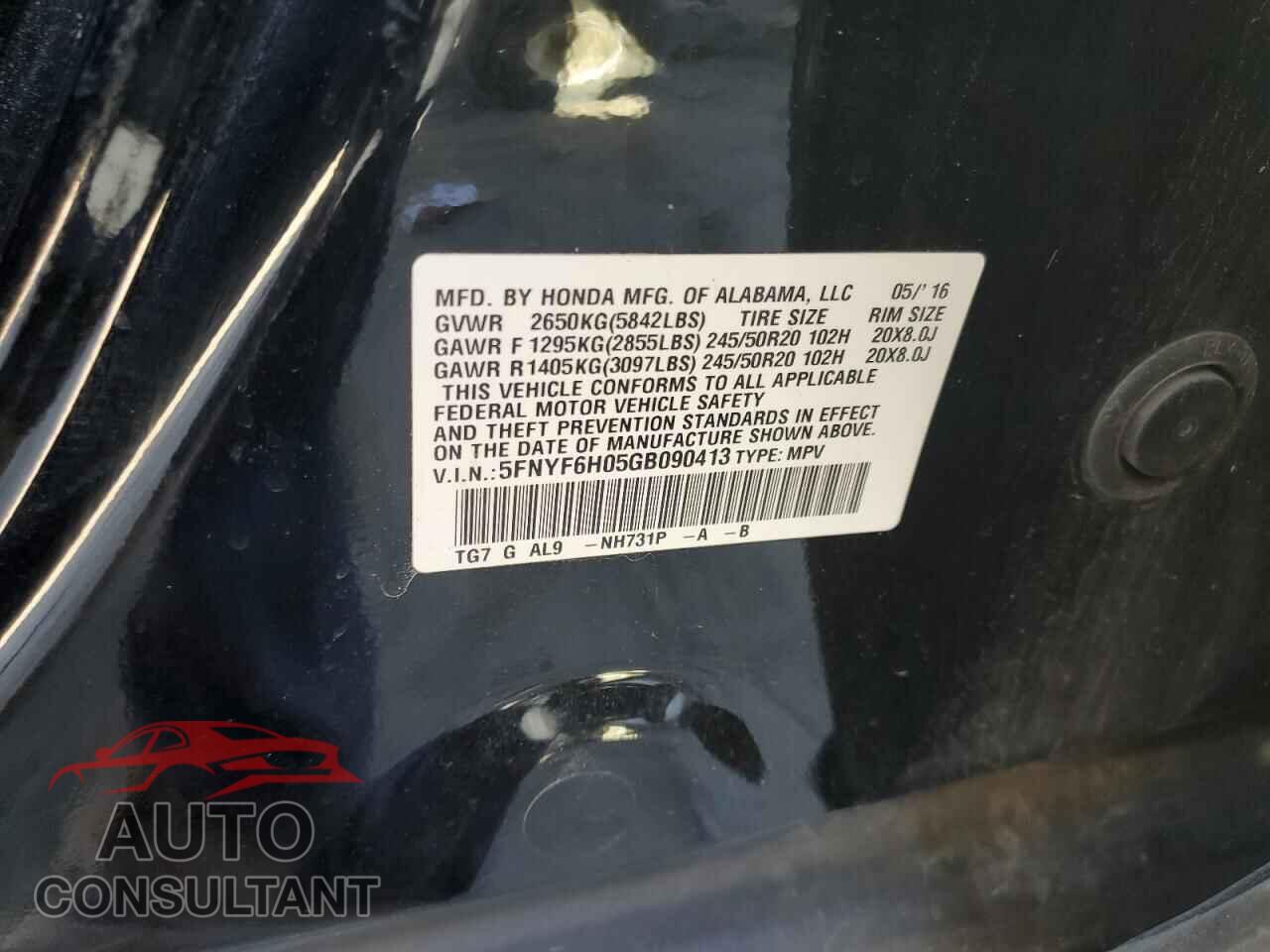 HONDA PILOT 2016 - 5FNYF6H05GB090413