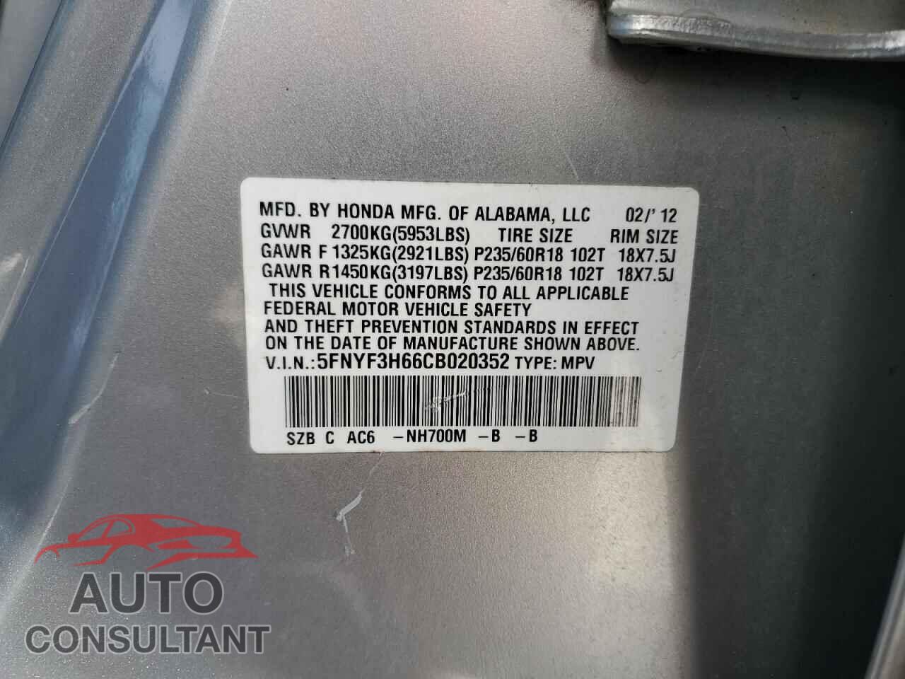 HONDA PILOT 2012 - 5FNYF3H66CB020352
