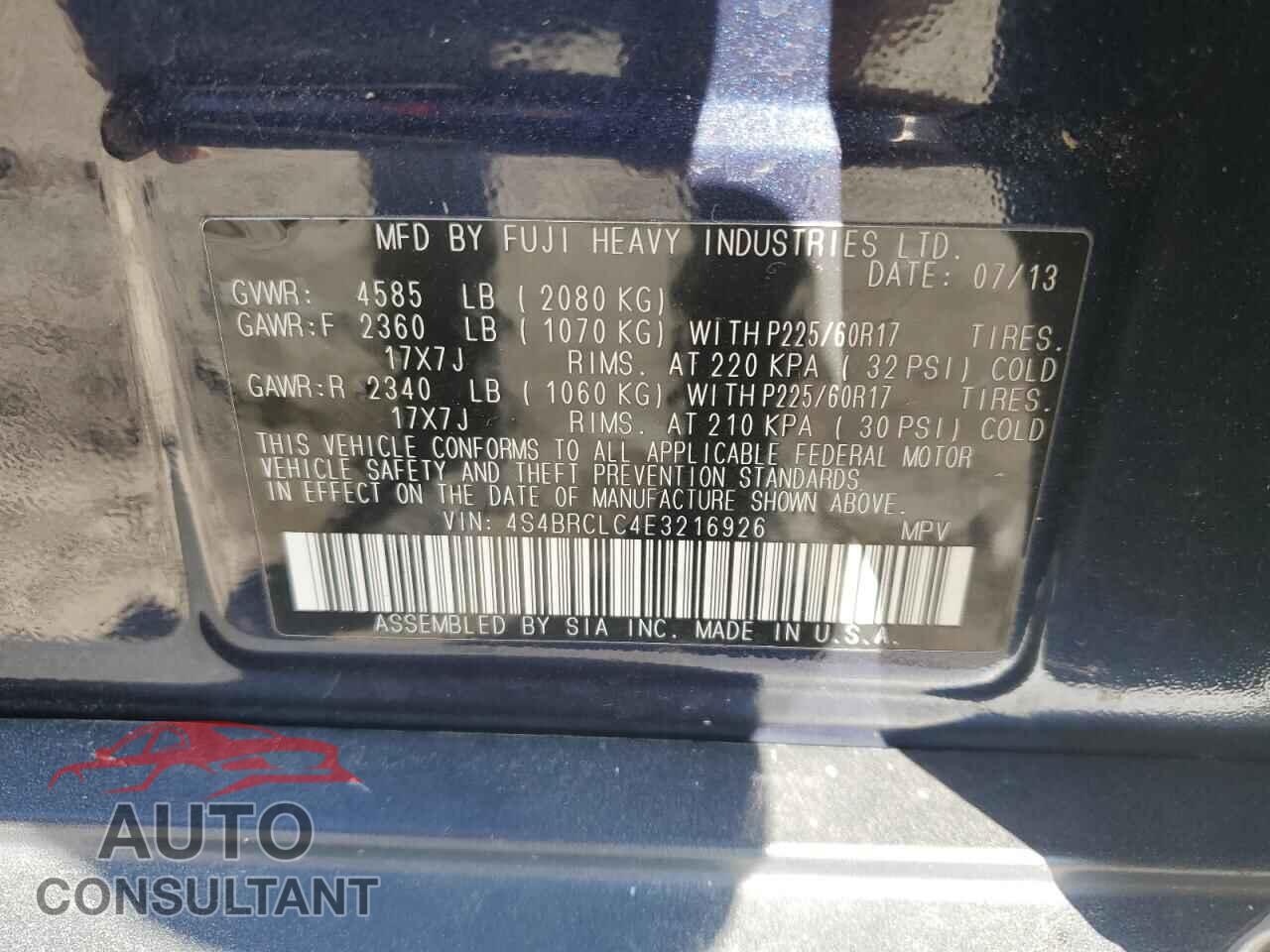 SUBARU OUTBACK 2014 - 4S4BRCLC4E3216926