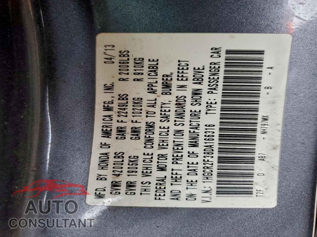 HONDA ACCORD 2013 - 1HGCR2F38DA166316