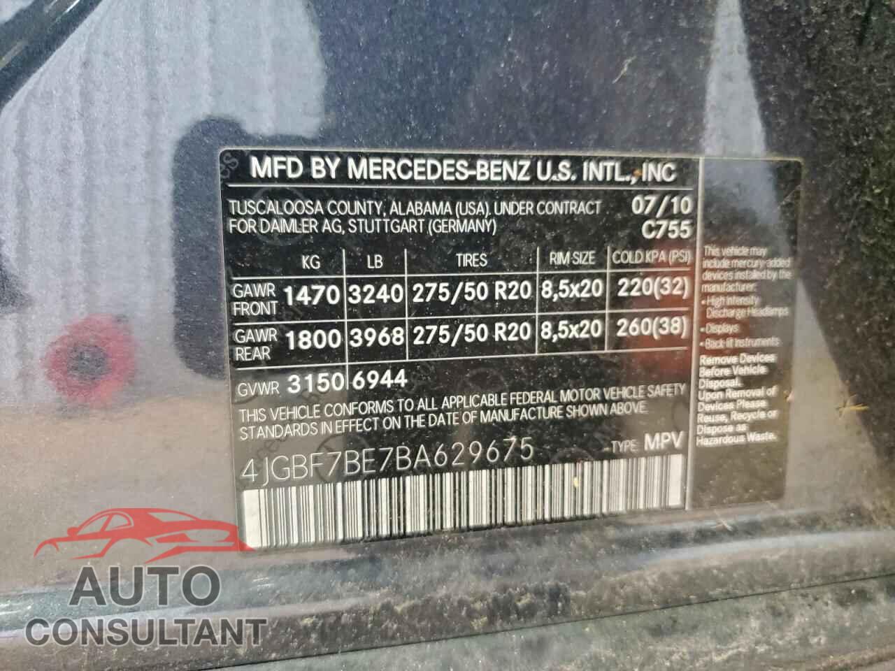 MERCEDES-BENZ GL-CLASS 2011 - 4JGBF7BE7BA629675