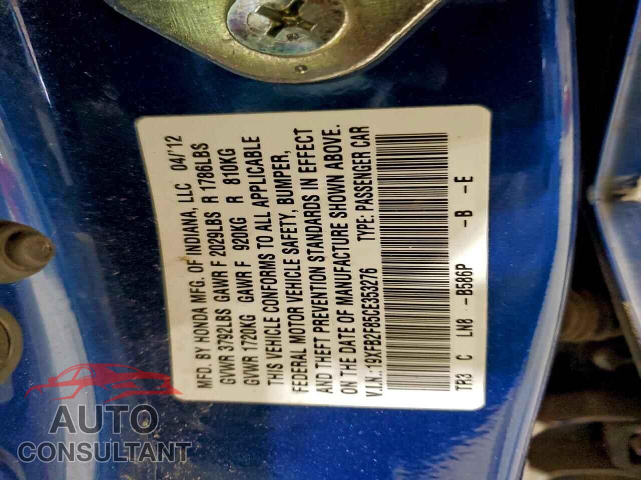 HONDA CIVIC 2012 - 19XFB2F85CE353276