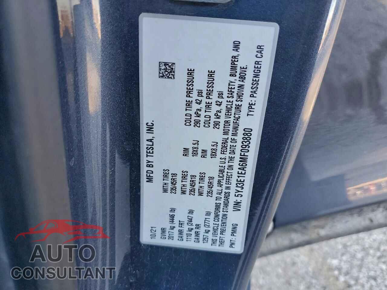 TESLA MODEL 3 2021 - 5YJ3E1EA6MF093880