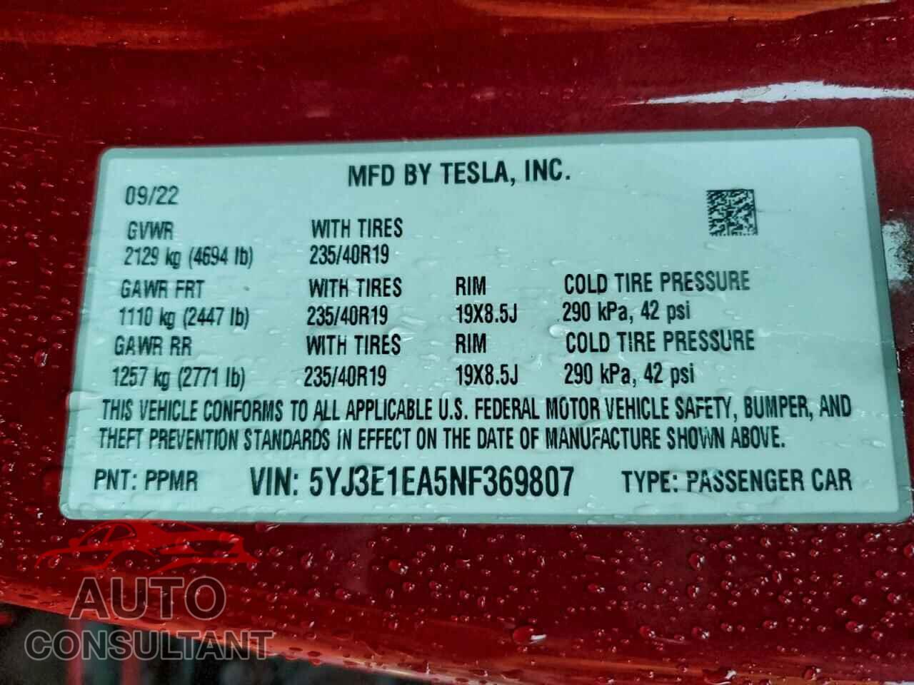 TESLA MODEL 3 2022 - 5YJ3E1EA5NF369807