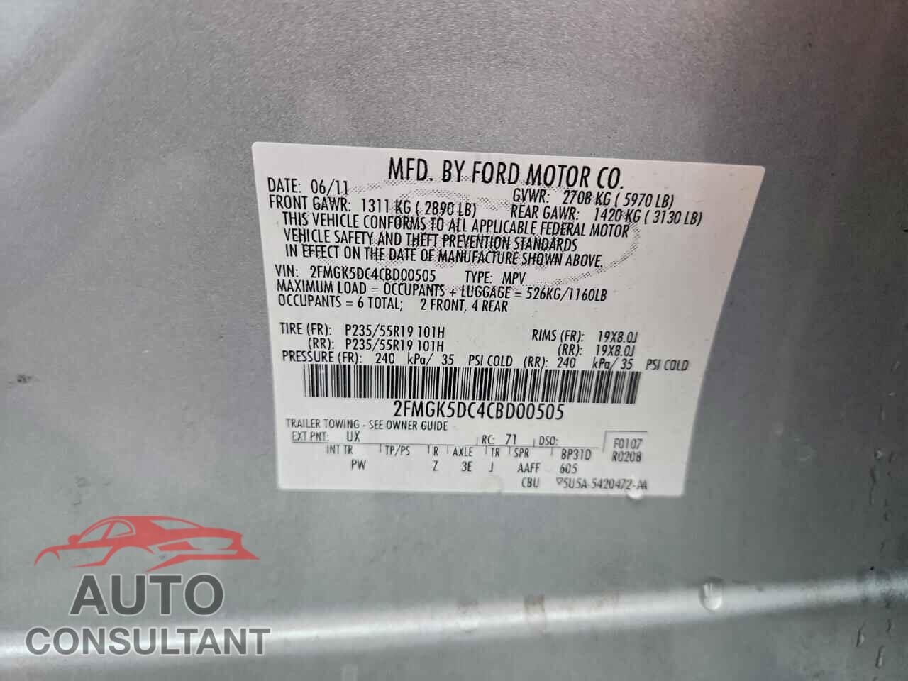 FORD FLEX 2012 - 2FMGK5DC4CBD00505