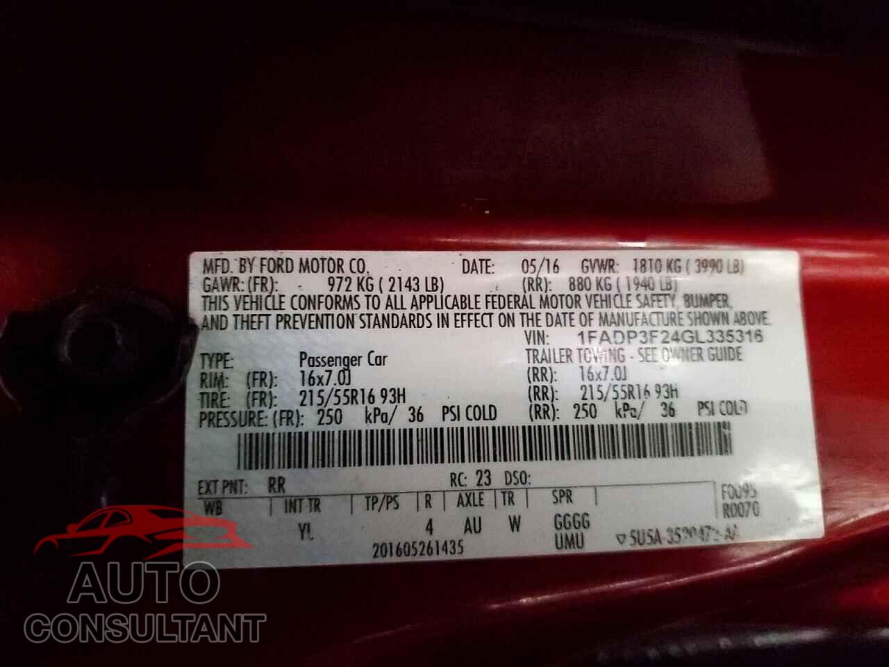 FORD FOCUS 2016 - 1FADP3F24GL335316