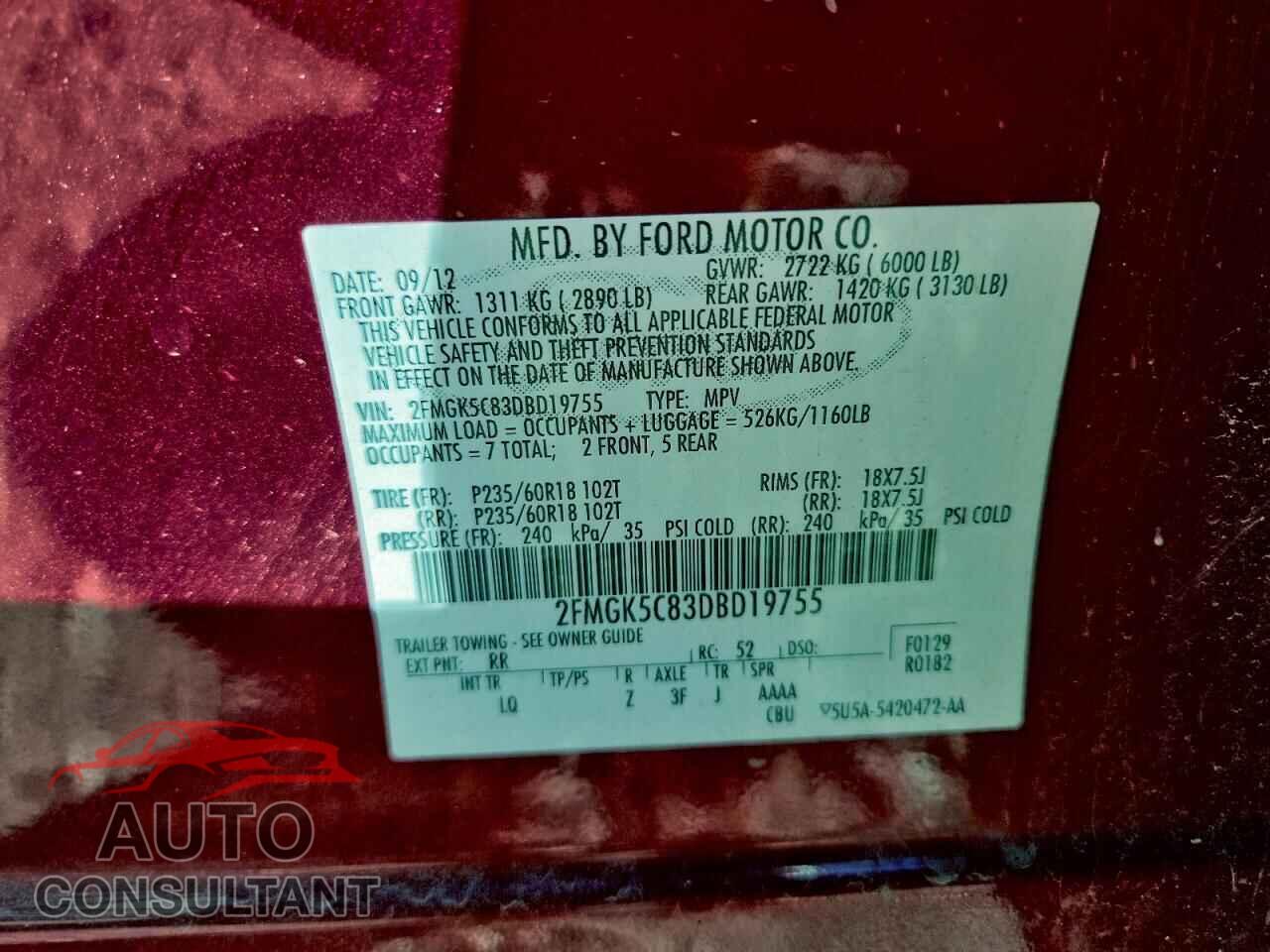 FORD FLEX 2013 - 2FMGK5C83DBD19755