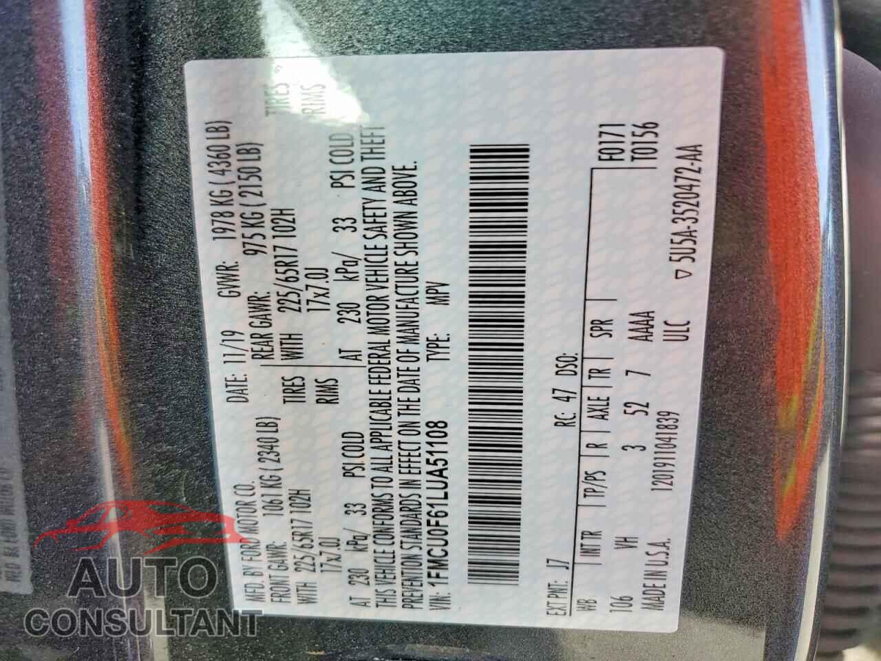 FORD ESCAPE 2020 - 1FMCU0F61LUA51108