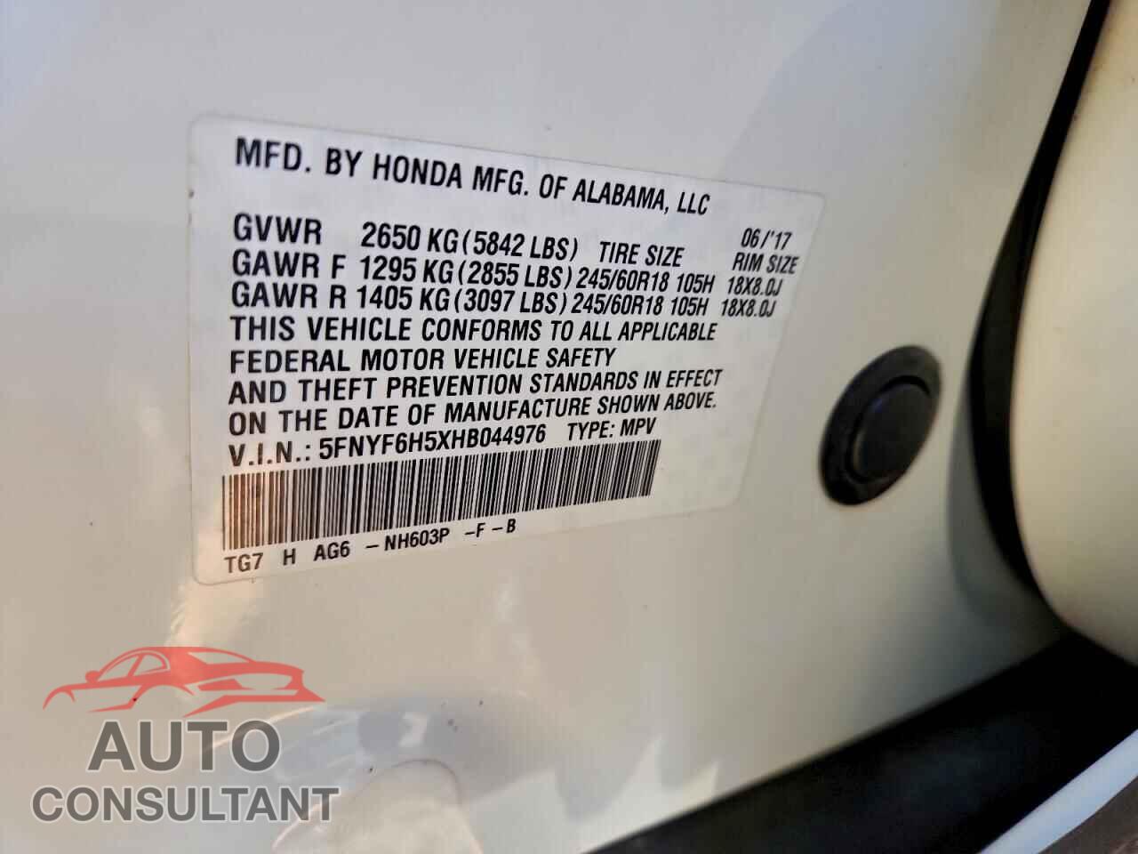 HONDA PILOT 2017 - 5FNYF6H5XHB044976