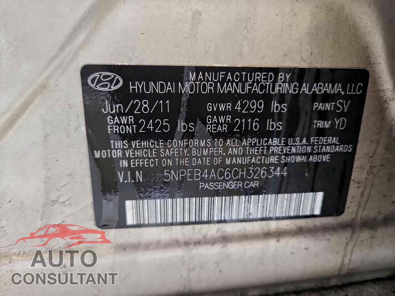 HYUNDAI SONATA 2012 - 5NPEB4AC6CH326344