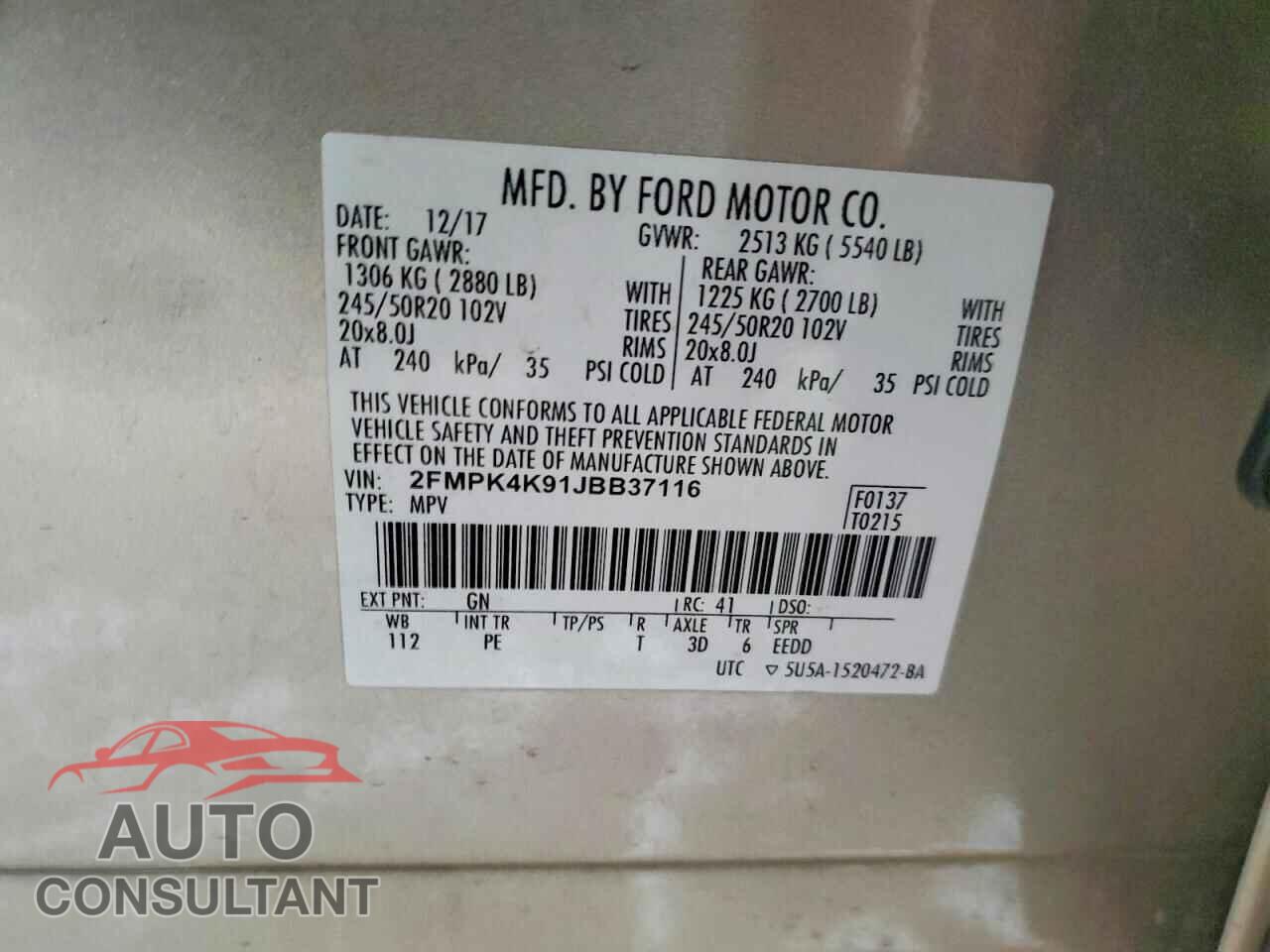 FORD EDGE 2018 - 2FMPK4K91JBB37116