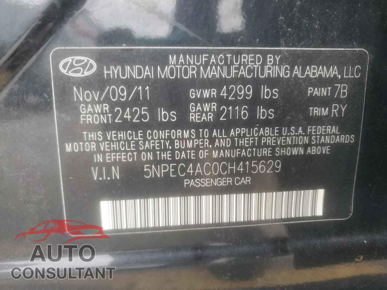 HYUNDAI SONATA 2012 - 5NPEC4AC0CH415629