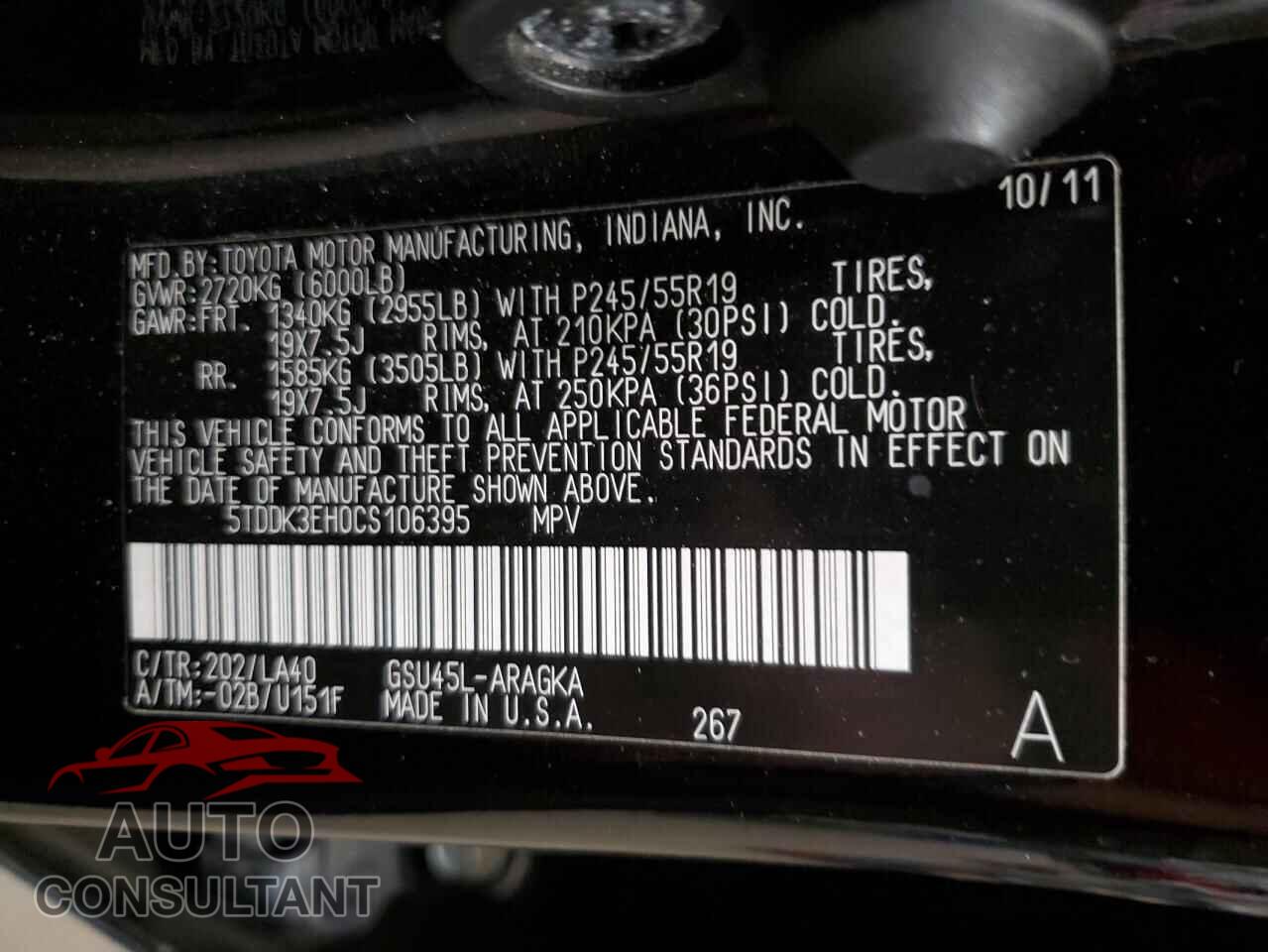 TOYOTA HIGHLANDER 2012 - 5TDDK3EH0CS106395
