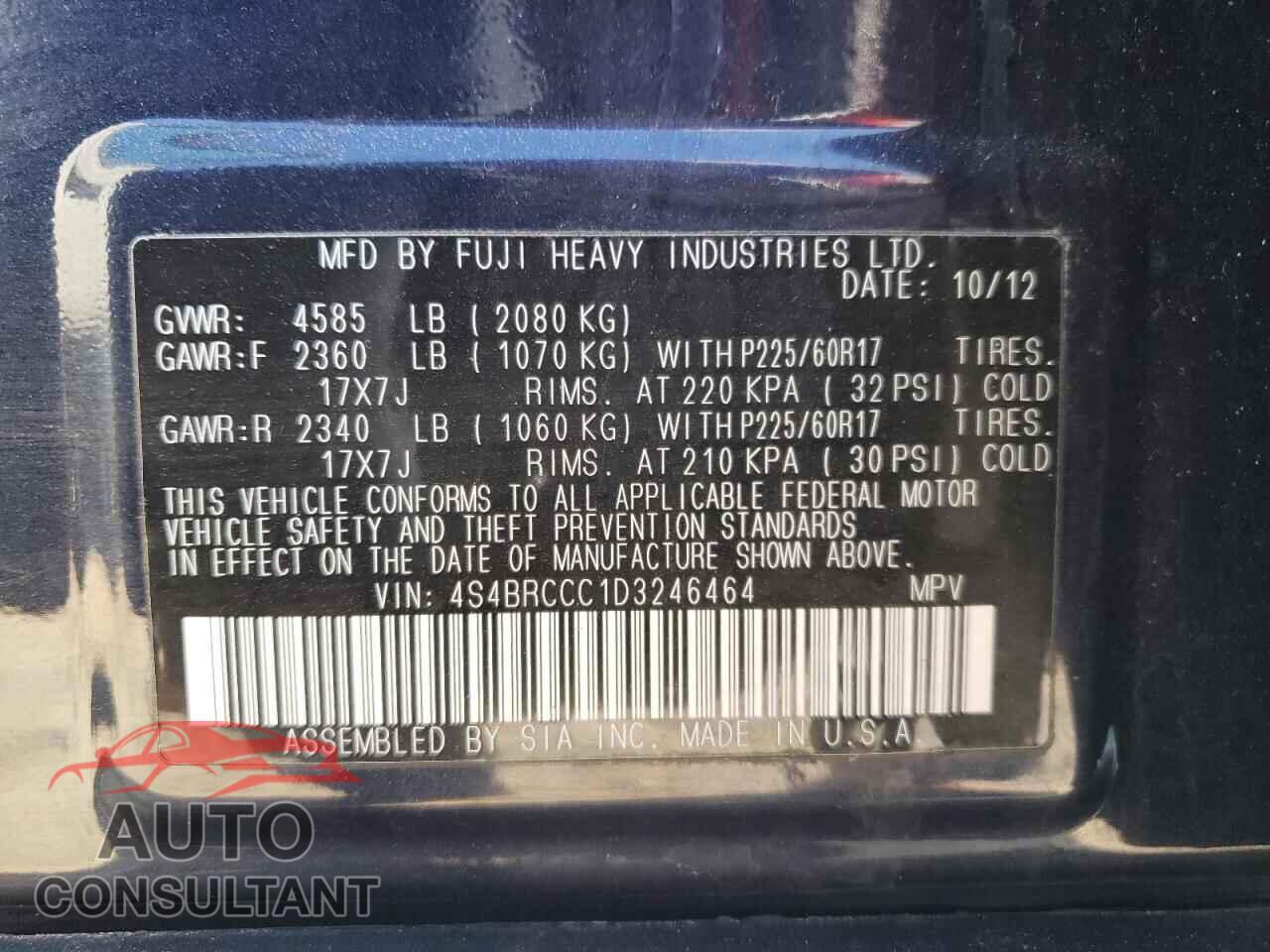 SUBARU OUTBACK 2013 - 4S4BRCCC1D3246464