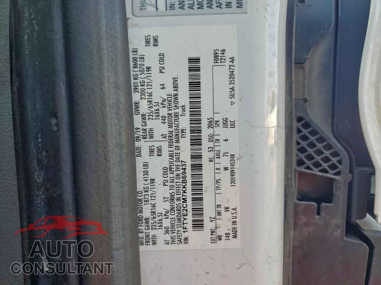 FORD TRANSIT 2019 - 1FTYE2CM7KKB69437