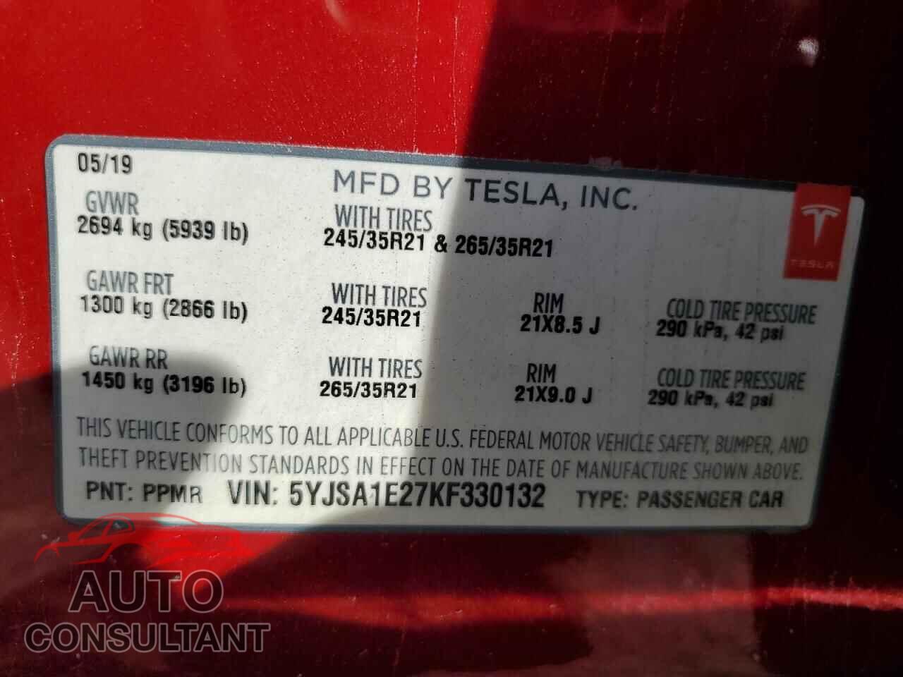 TESLA MODEL S 2019 - 5YJSA1E27KF330132