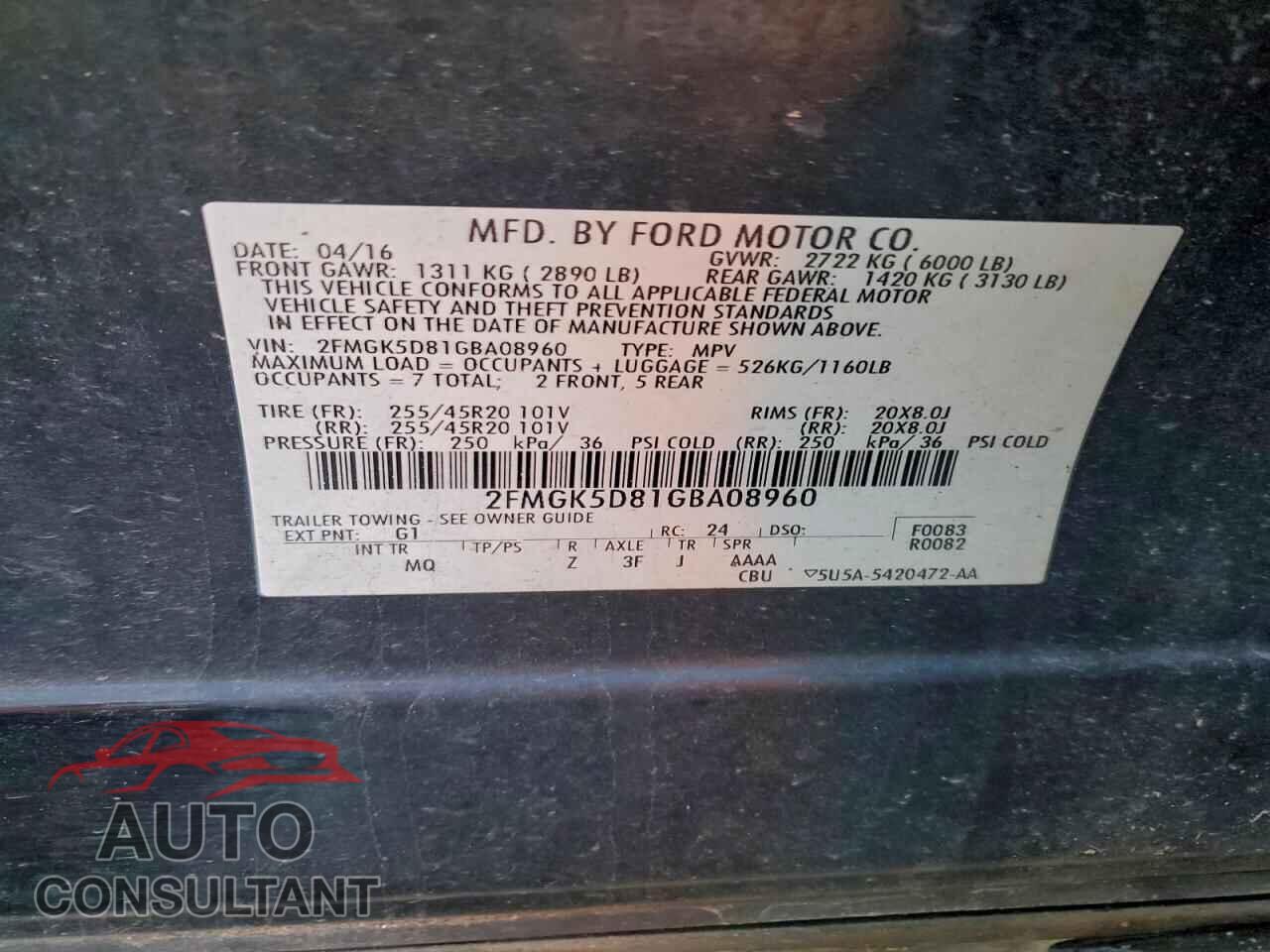 FORD FLEX 2016 - 2FMGK5D81GBA08960