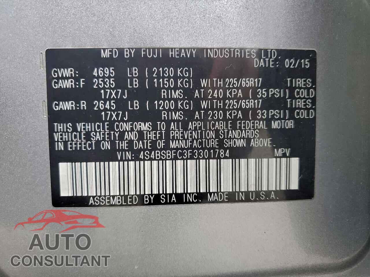 SUBARU OUTBACK 2015 - 4S4BSBFC3F3301784