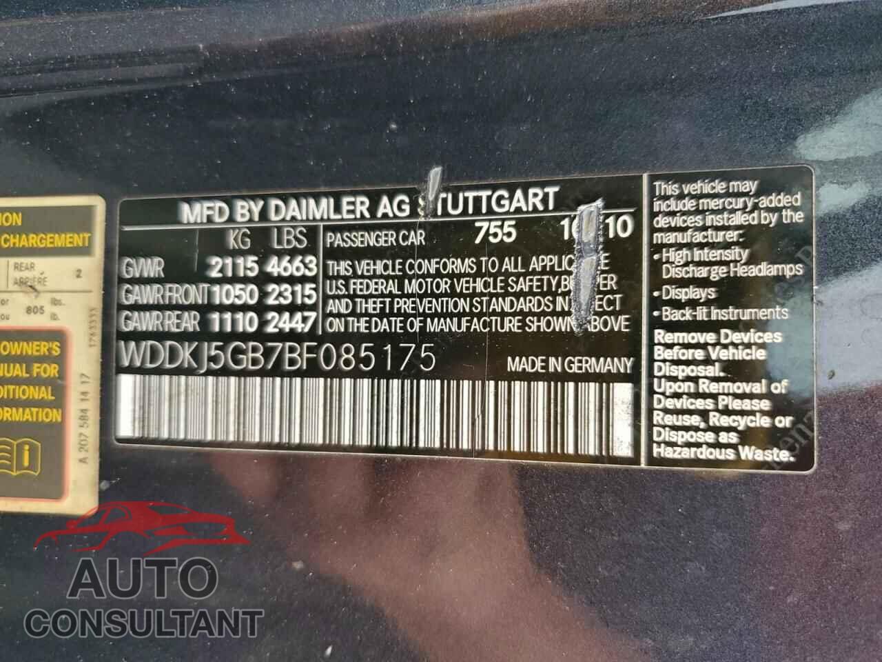 MERCEDES-BENZ E-CLASS 2011 - WDDKJ5GB7BF085175