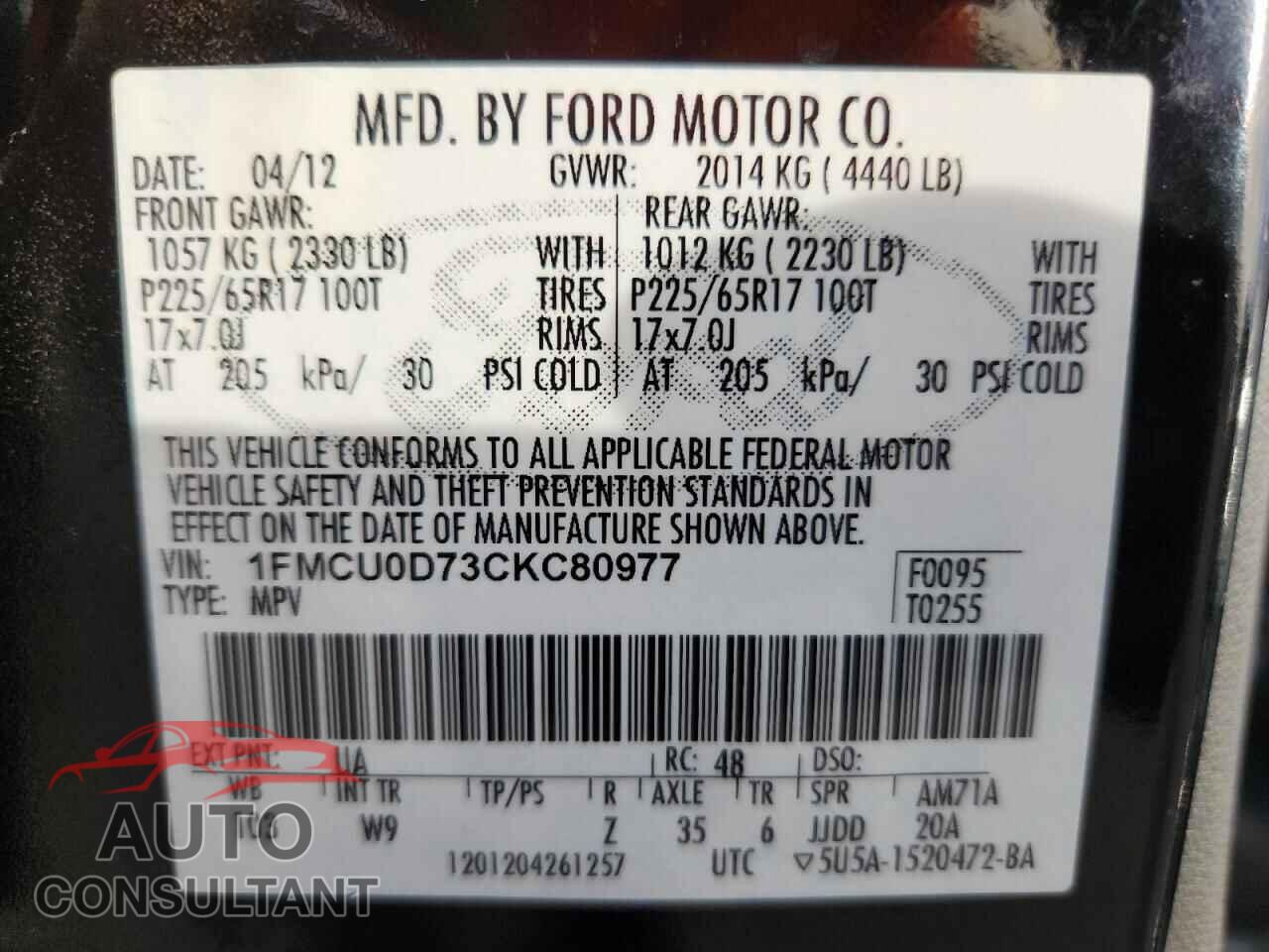 FORD ESCAPE 2012 - 1FMCU0D73CKC80977