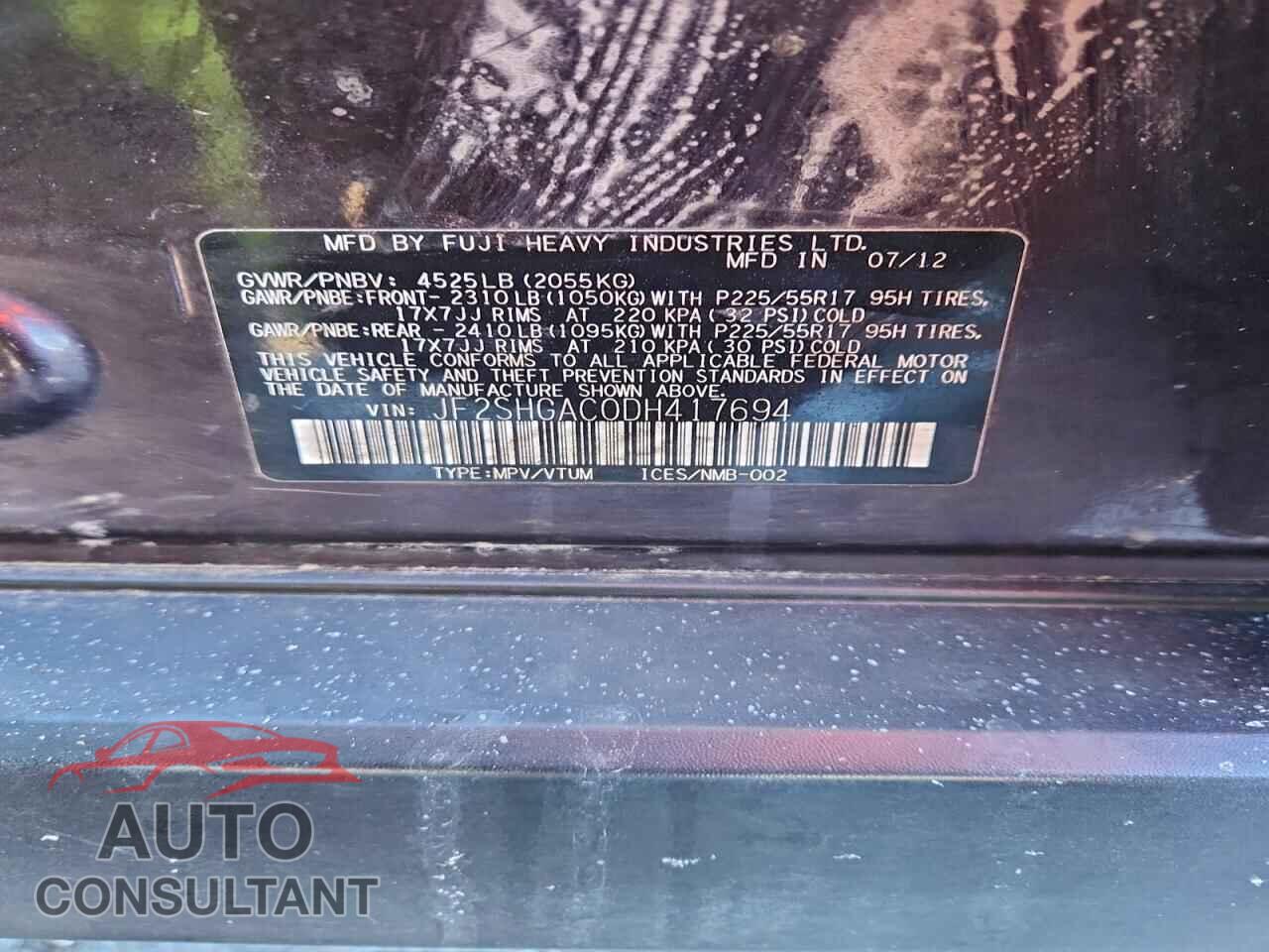 SUBARU FORESTER 2013 - JF2SHGAC0DH417694