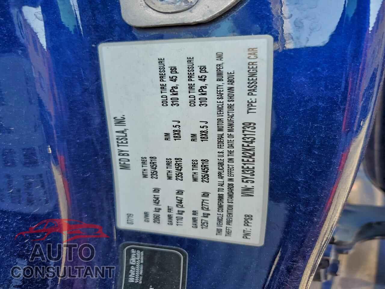 TESLA MODEL 3 2019 - 5YJ3E1EA2KF431739
