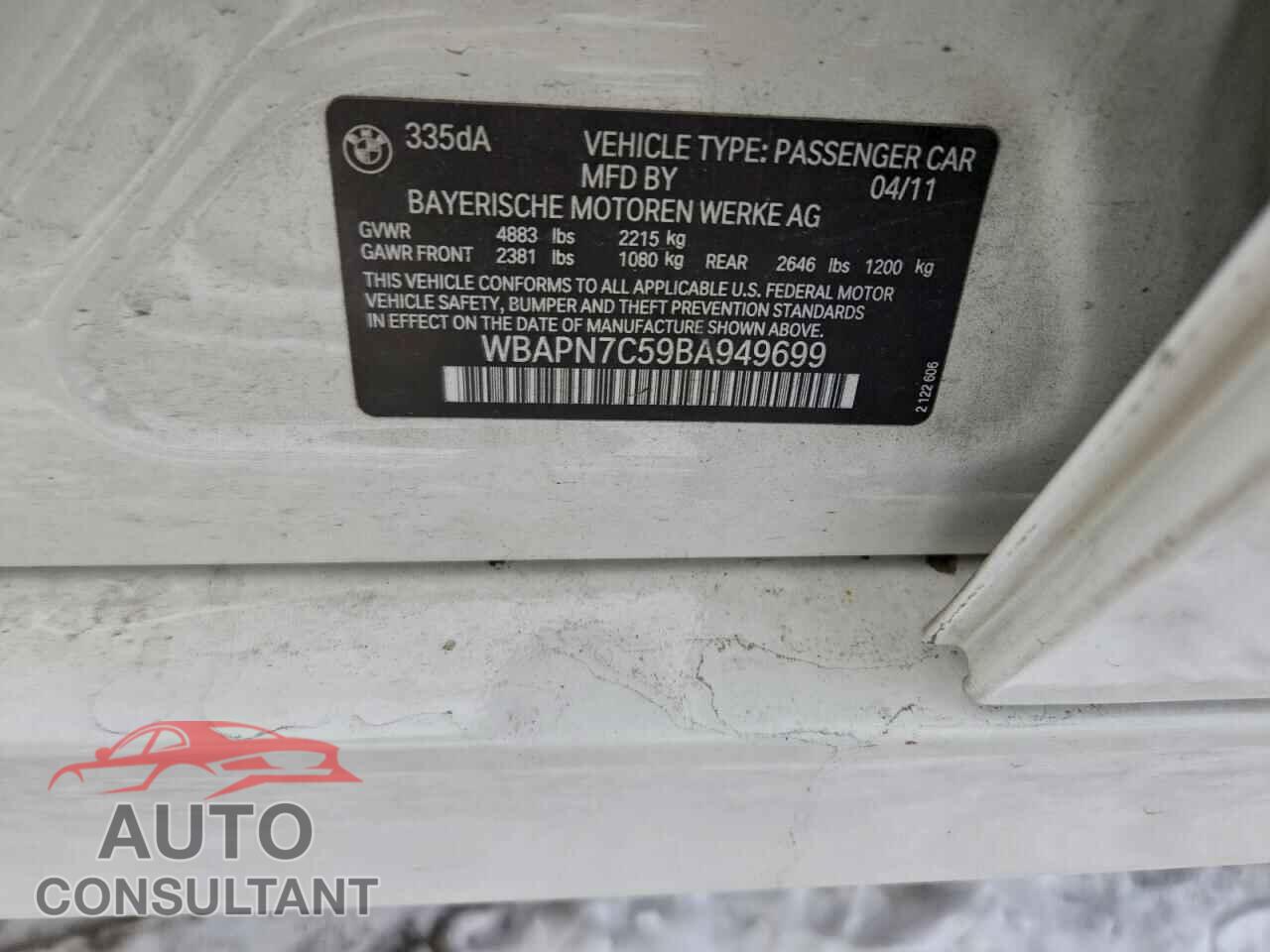 BMW 3 SERIES 2011 - WBAPN7C59BA949699