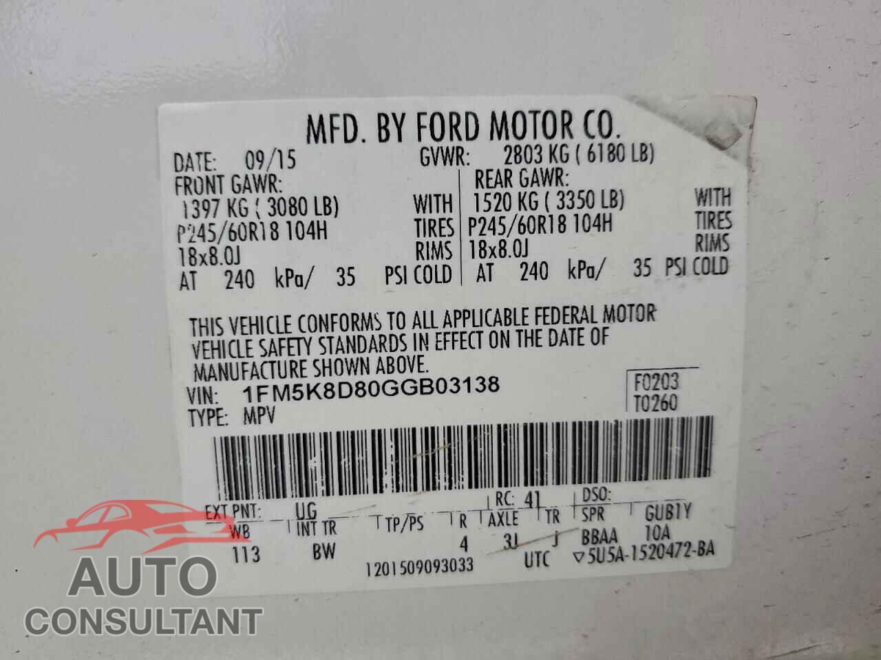 FORD EXPLORER 2016 - 1FM5K8D80GGB03138