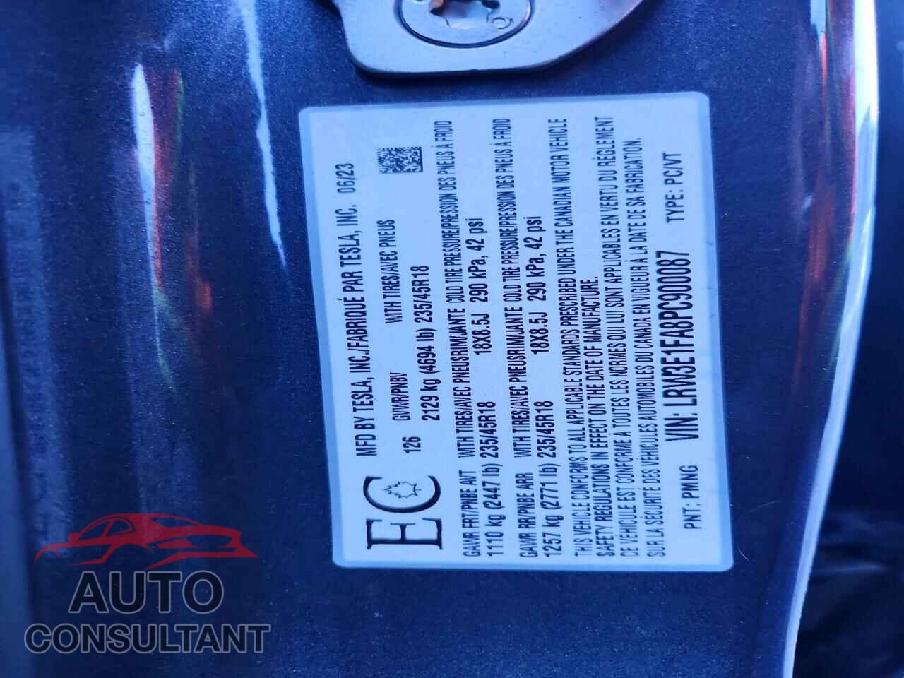 TESLA MODEL 3 2023 - LRW3E1FA8PC900087