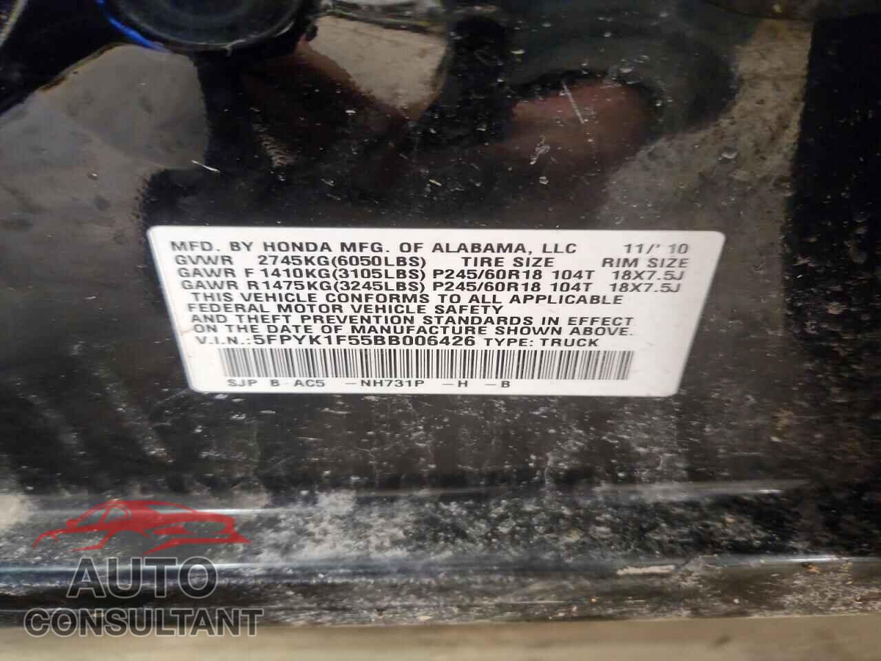 HONDA RIDGELINE 2011 - 5FPYK1F55BB006426