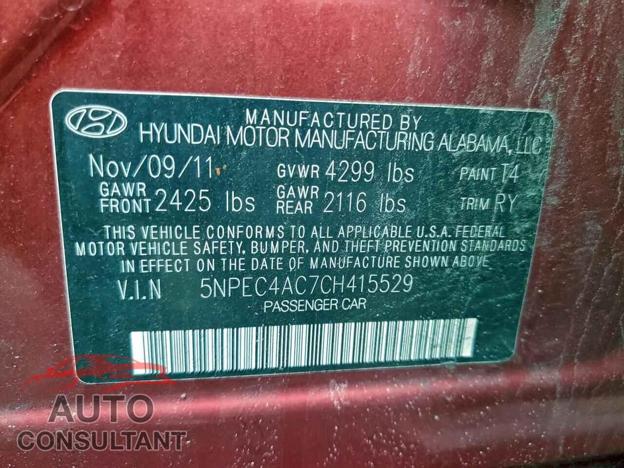 HYUNDAI SONATA 2012 - 5NPEC4AC7CH415529