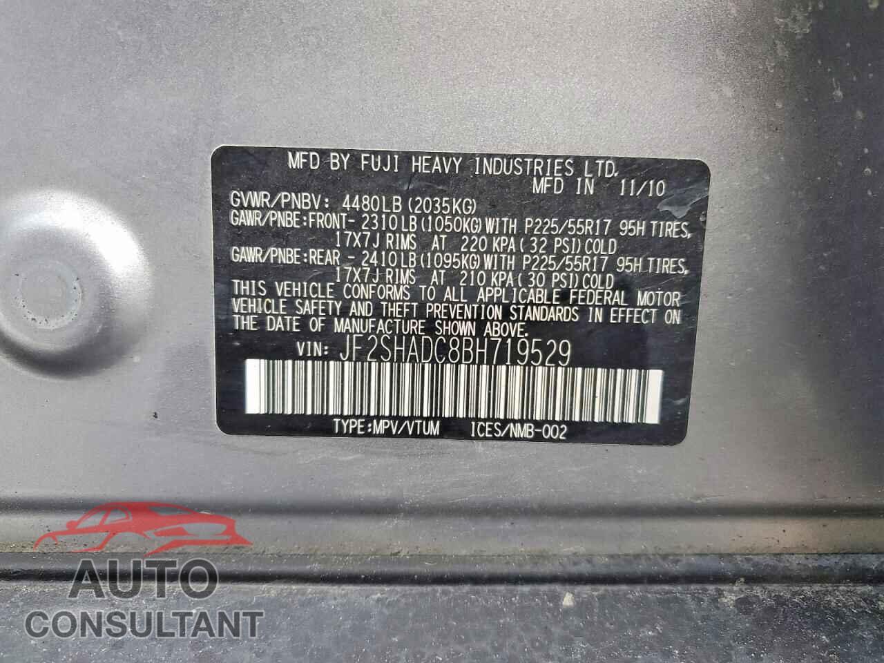 SUBARU FORESTER 2011 - JF2SHADC8BH719529