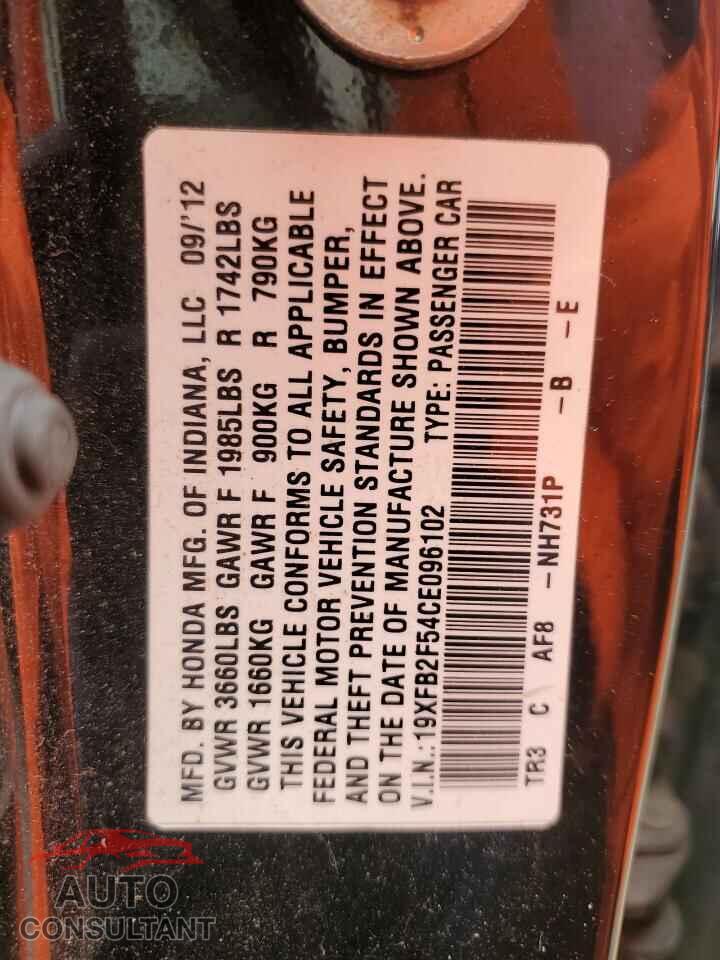 HONDA CIVIC 2012 - 19XFB2F54CE096102