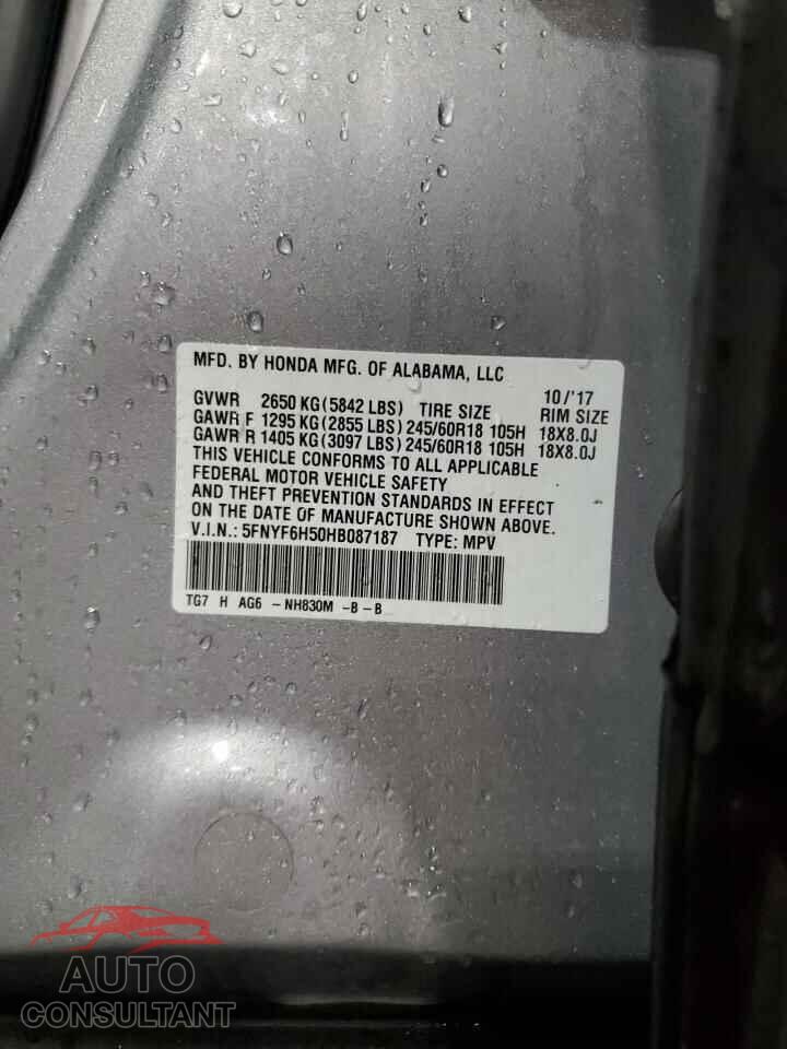 HONDA PILOT 2017 - 5FNYF6H50HB087187