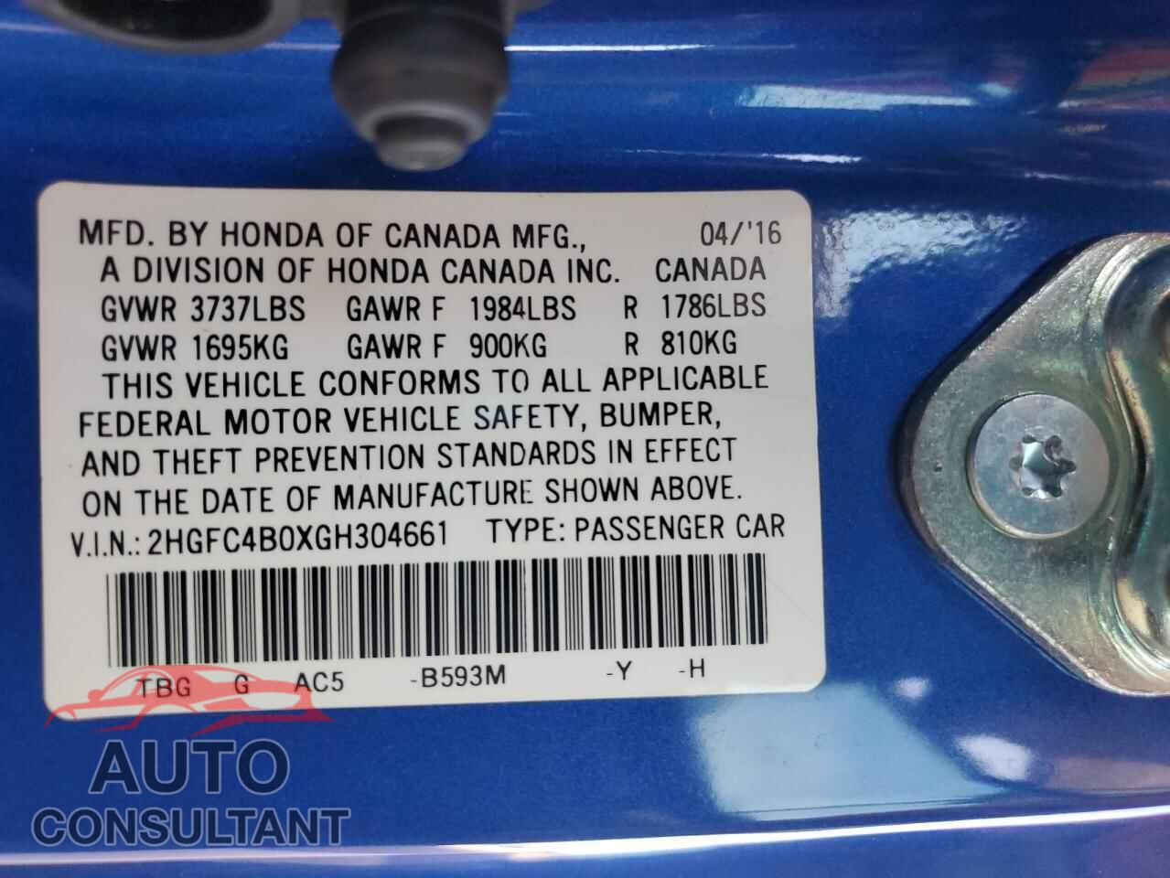 HONDA CIVIC 2016 - 2HGFC4B0XGH304661