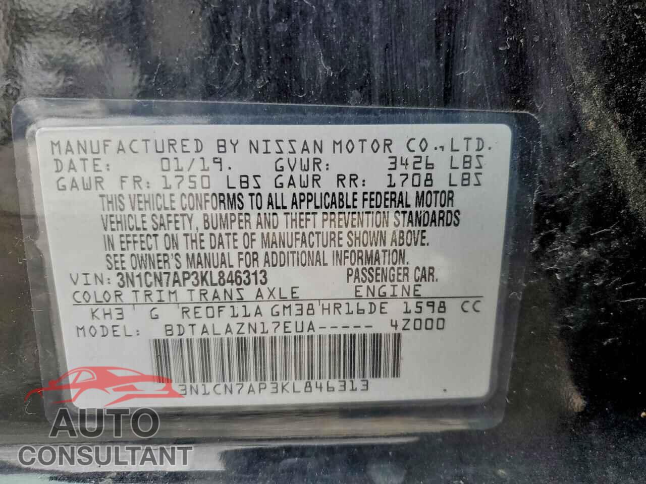NISSAN VERSA 2019 - 3N1CN7AP3KL846313