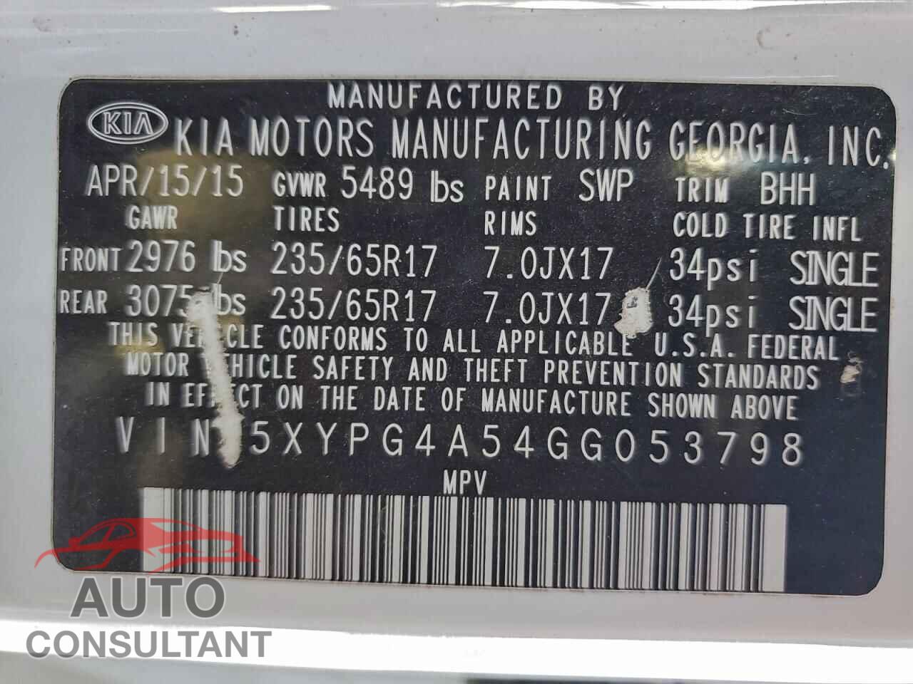 KIA SORENTO 2016 - 5XYPG4A54GG053798