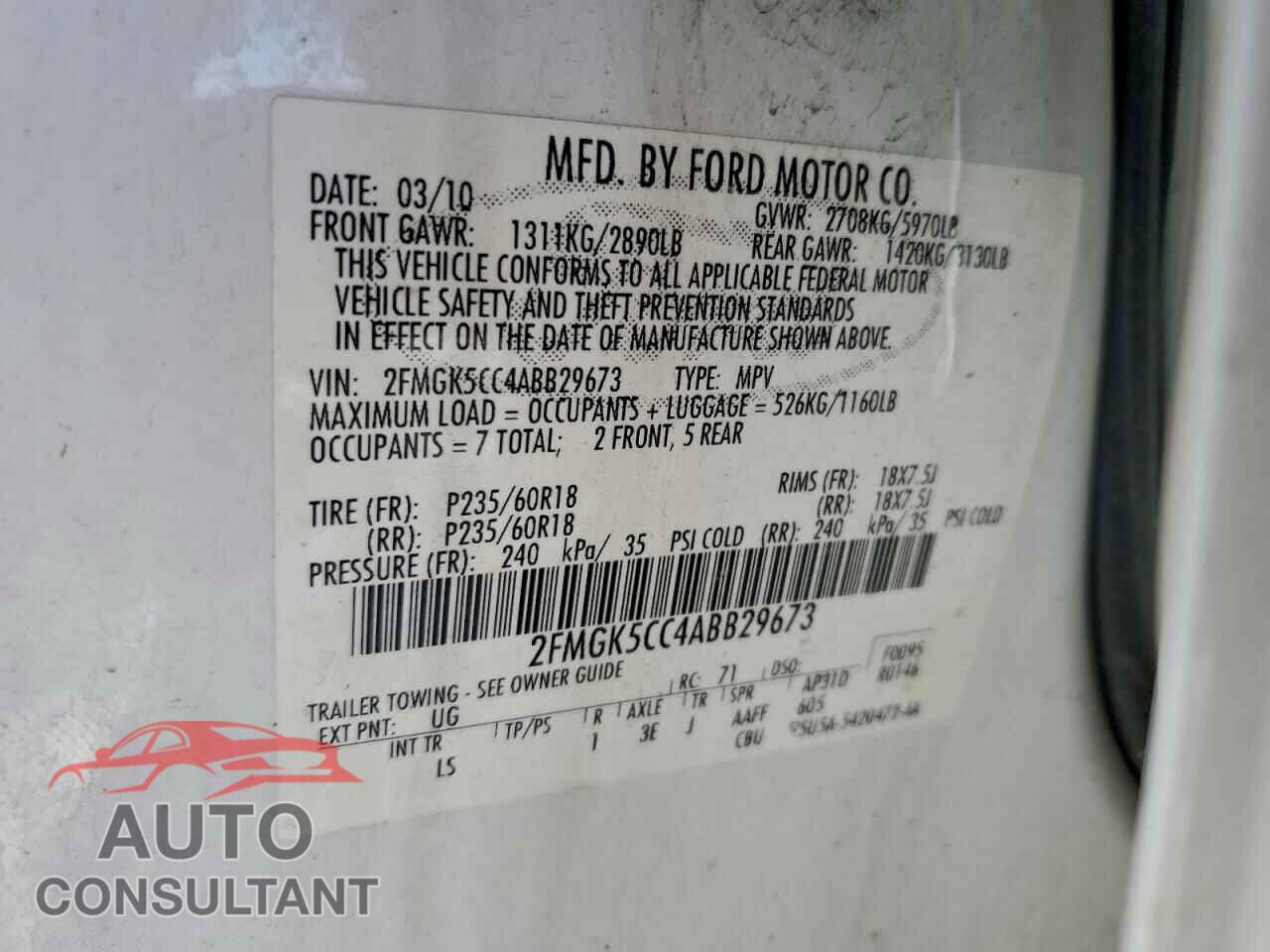 FORD FLEX 2010 - 2FMGK5CC4ABB29673
