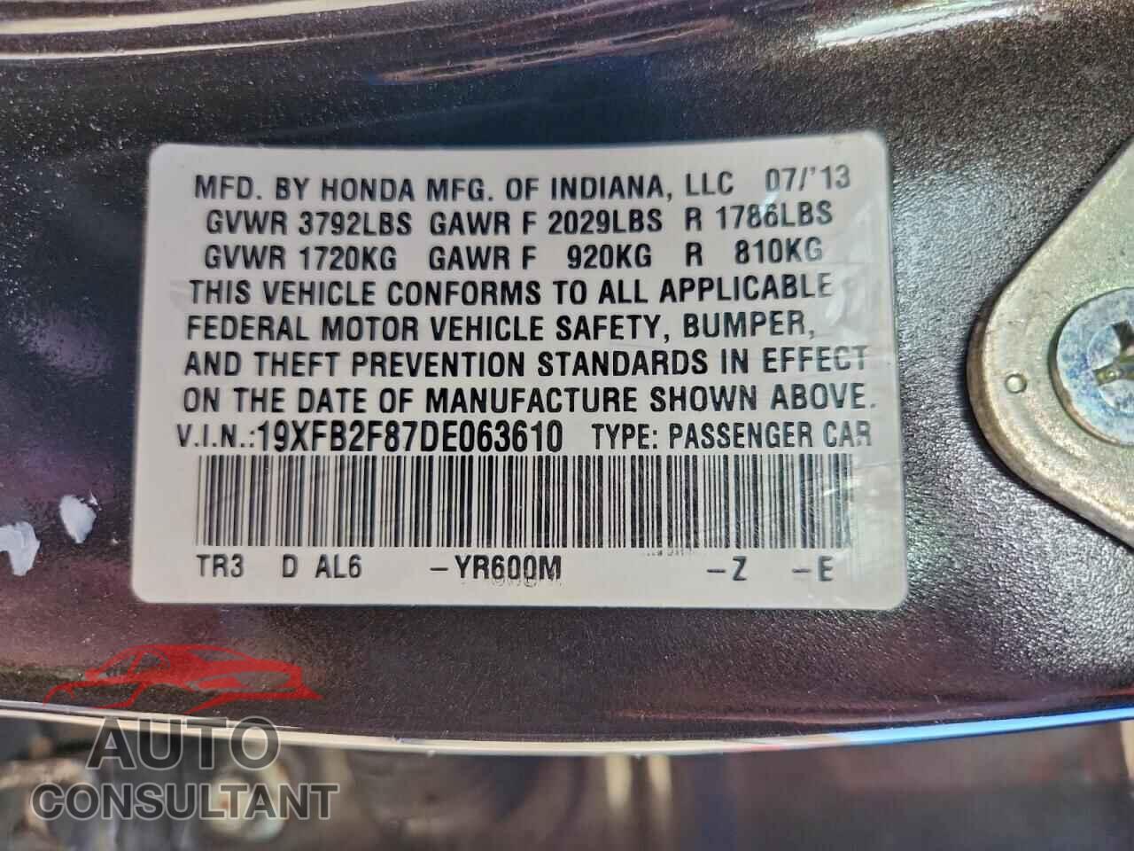 HONDA CIVIC 2013 - 19XFB2F87DE063610