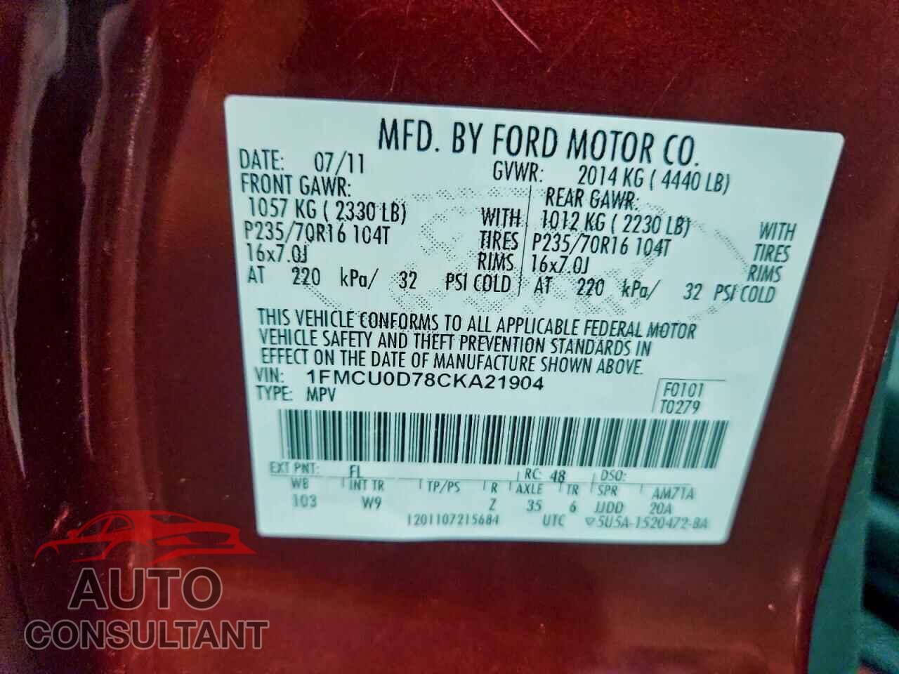 FORD ESCAPE 2012 - 1FMCU0D78CKA21904