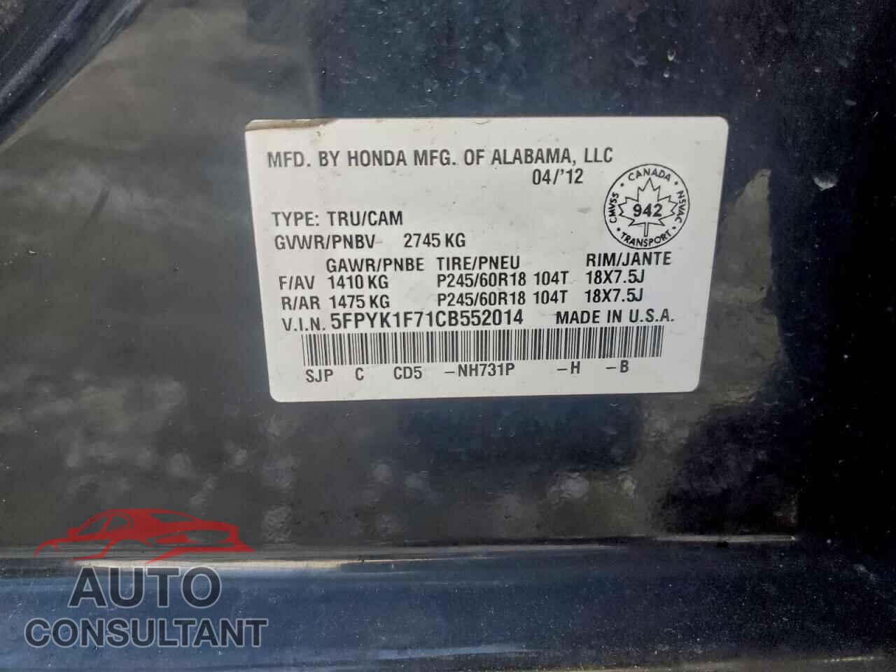 HONDA RIDGELINE 2012 - 5FPYK1F71CB552014