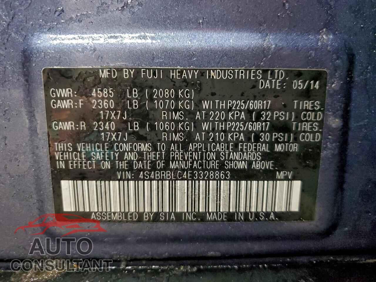 SUBARU OUTBACK 2014 - 4S4BRBLC4E3328863
