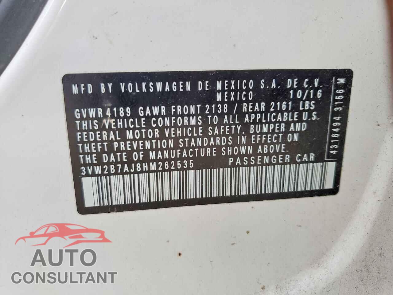 VOLKSWAGEN JETTA 2017 - 3VW2B7AJ8HM262535