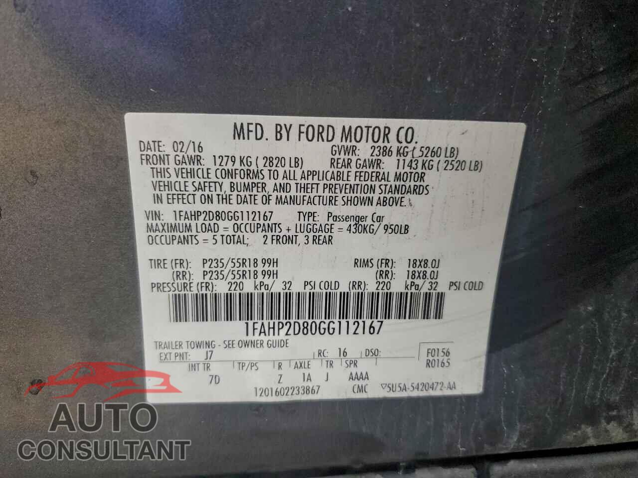 FORD TAURUS 2016 - 1FAHP2D80GG112167
