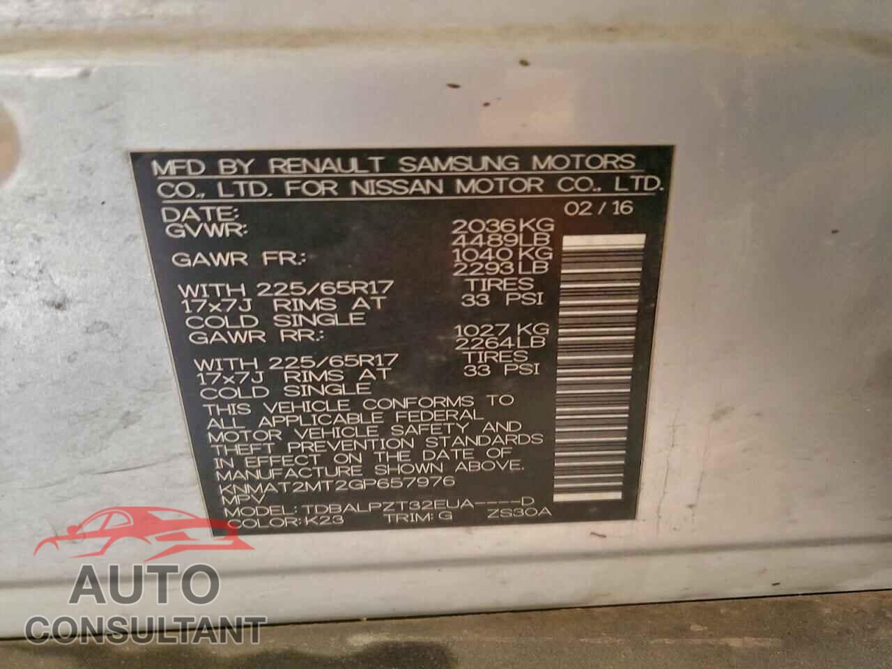 NISSAN ROGUE 2016 - KNMAT2MT2GP657976