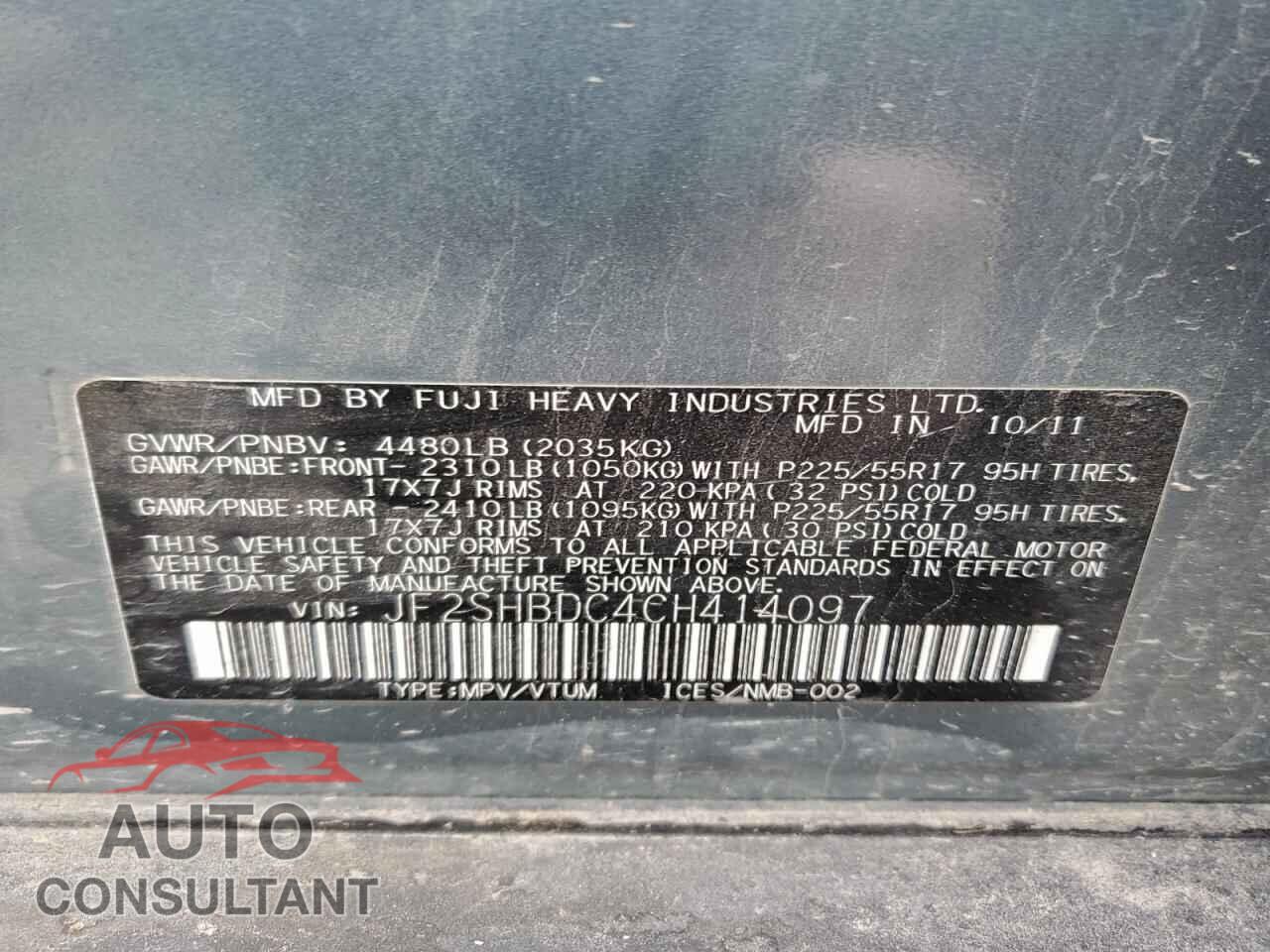 SUBARU FORESTER 2012 - JF2SHBDC4CH414097